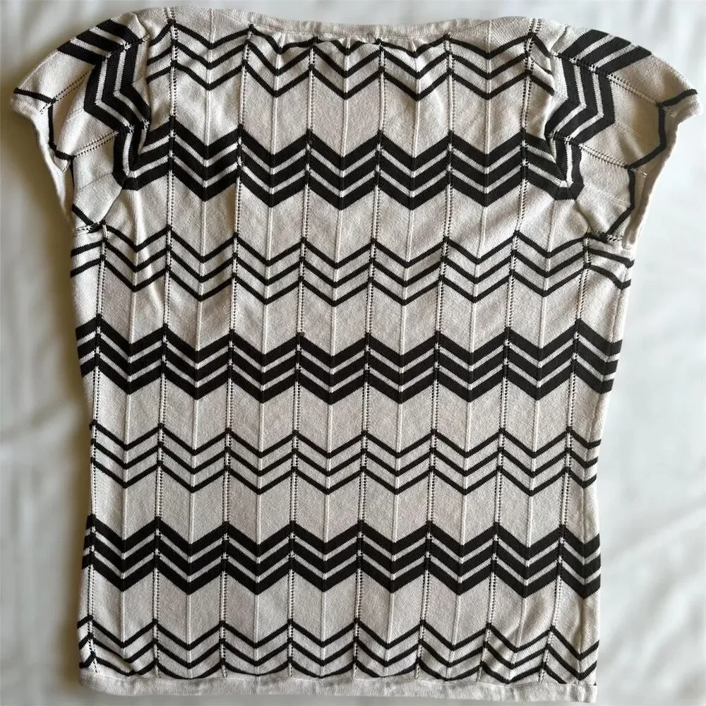 Ann Taylor White & Brown Chevron Square Neck Short‎ Sleeve Sweater Sz PL Twee